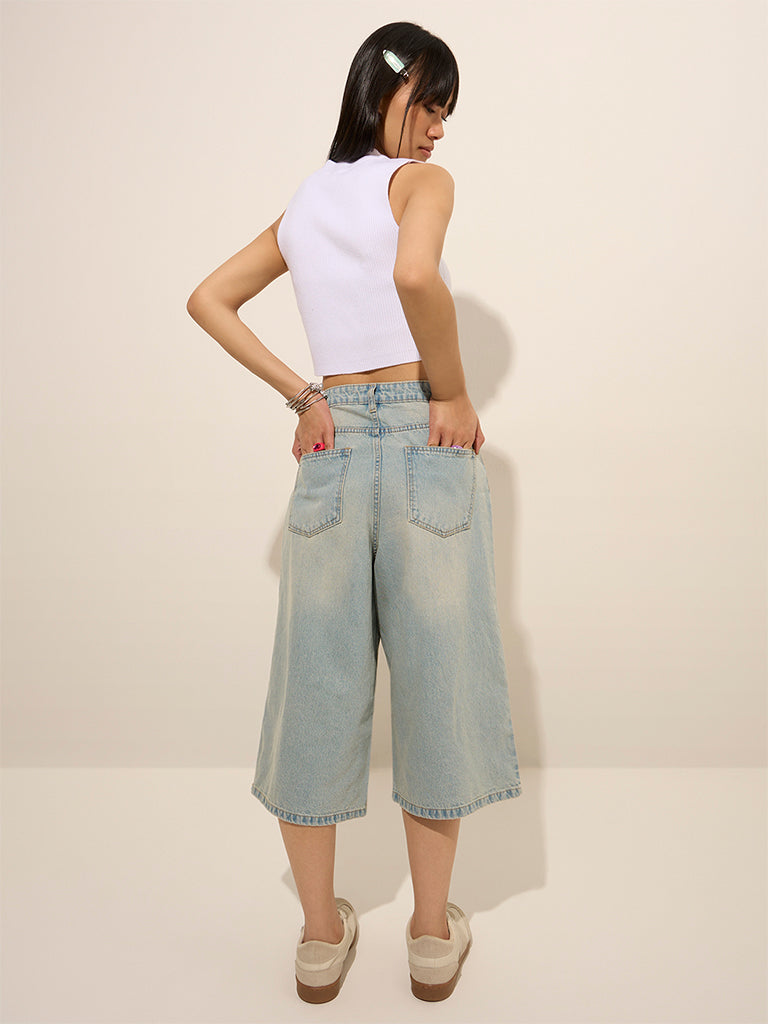 Westside Nuon Women's Light Blue Distressed Mid-Rise Jorts for Casual Wear Casual Wear Back View