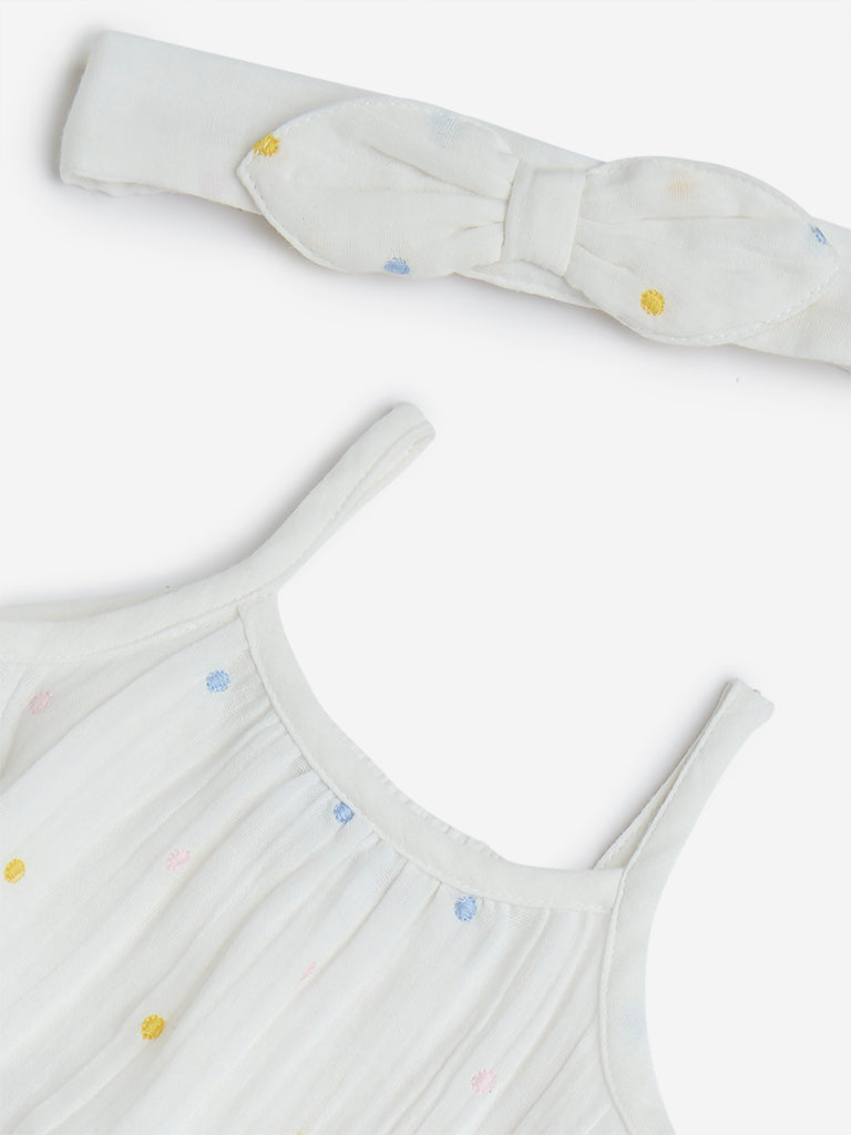 Westside HOP Baby Girl's White Polka Dotted Tiered Cotton Dress & Headband for Casual Wear Zoomed View