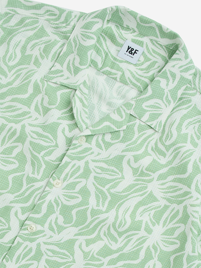 Westside Y&F Boy's Sage Green Printed Cotton Shirt for Casual Wear Zoomed View
