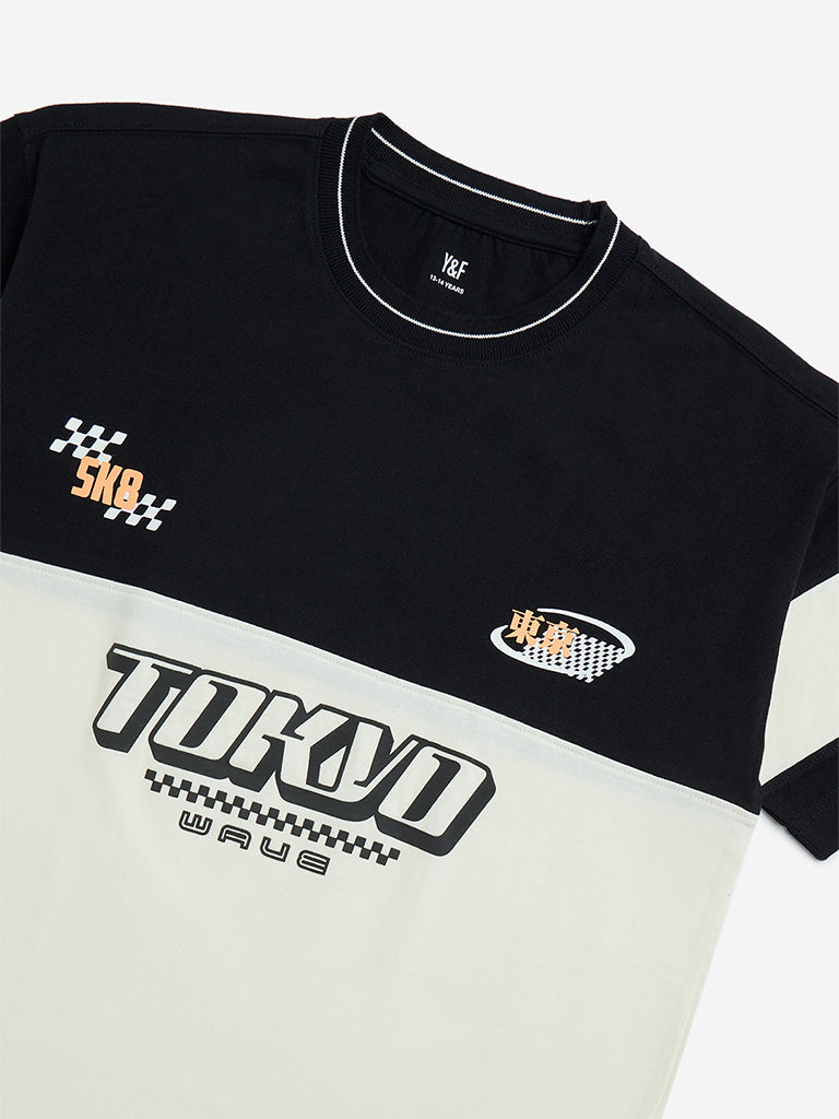 Westside Y&F Boy's Black Text Design Cotton T-Shirt for Casual Wear Zoomed View