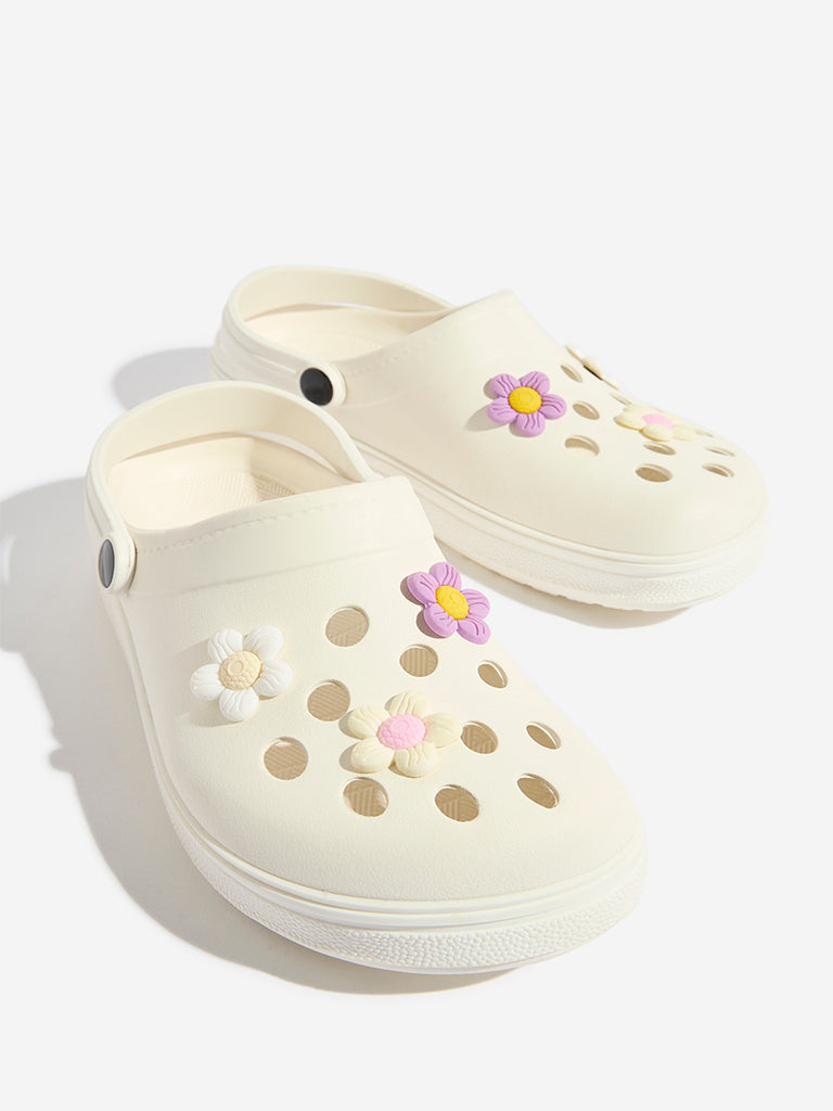Westside Yellow Kids White Applique-Detailed Perforated Clogs for Casual Wear Zoomed View