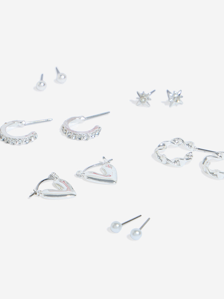 Westside Accessories Silver Trendy Embellished Earrings Set - Pack of 6