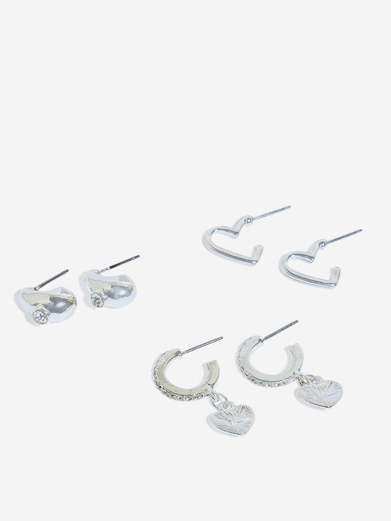 Westside Accessories Silver Heart Embellished Earrings Set - Pack of 3