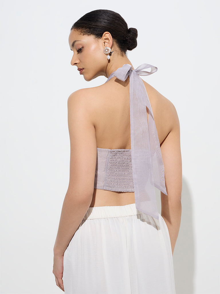 Westside Vark Women's Mauve Floral Embroidered Halter-Neck Top for Festive Wear Back View