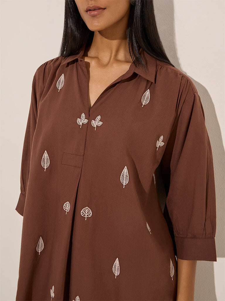 Utsa Brown Floral Embroidered High-Low Cotton-Blend Kurta