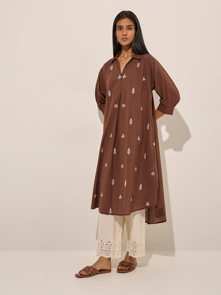 Utsa Brown Floral Embroidered High-Low Cotton-Blend Kurta