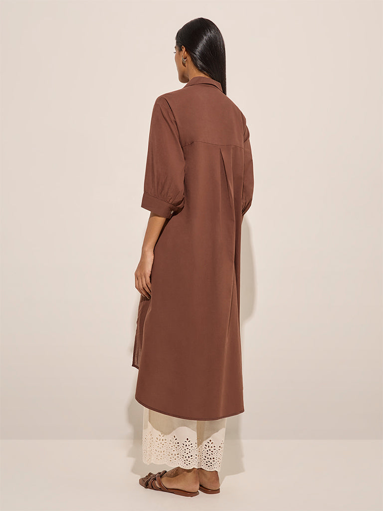 Utsa Brown Floral Embroidered High-Low Cotton-Blend Kurta