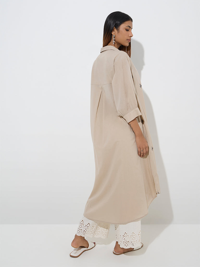 Westside Utsa Women's Beige Leaf Embroidered A-Line Cotton Kurta for Work Wear Back View