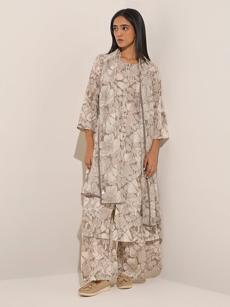 Westside Zuba Women's Brown Floral Printed Cotton Stole for Work Wear Work Wear Full view