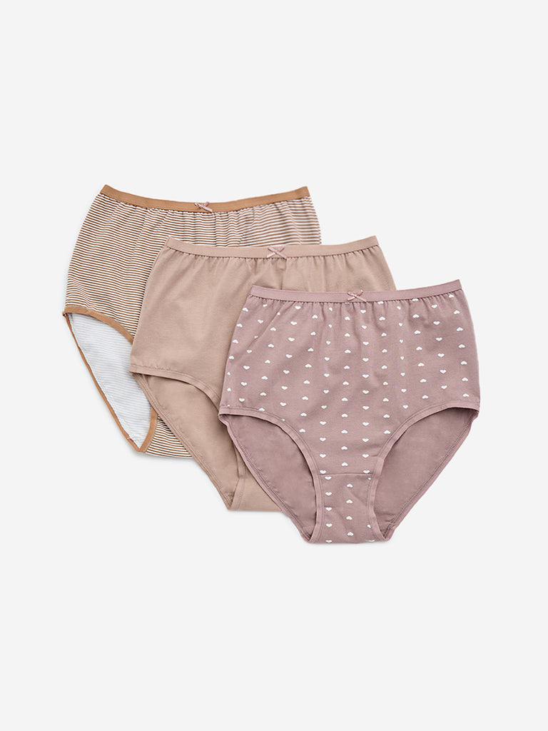 Wunderlove Light Taupe Printed Cotton-Blend Full Briefs - Pack of 3