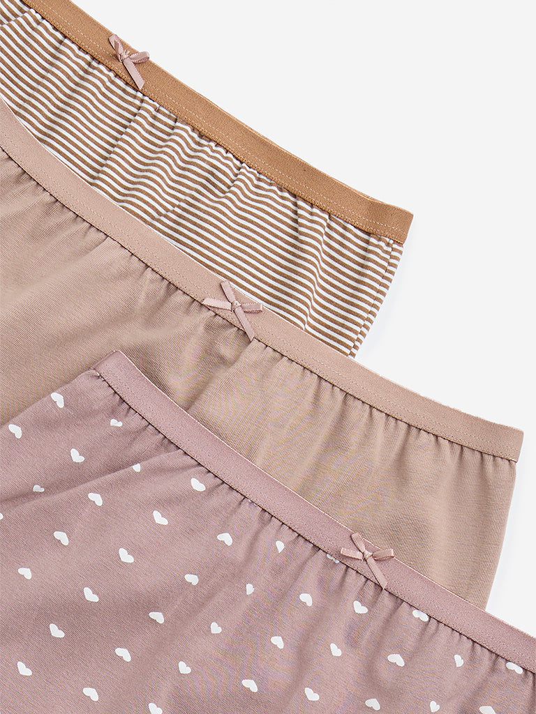 Wunderlove Light Taupe Printed Cotton-Blend Full Briefs - Pack of 3