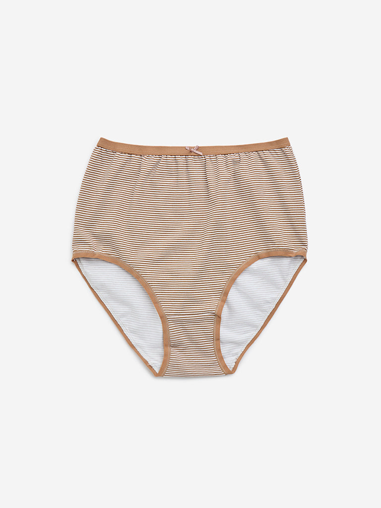 Wunderlove Light Taupe Printed Cotton-Blend Full Briefs - Pack of 3