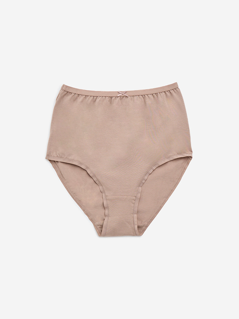 Wunderlove Light Taupe Printed Cotton-Blend Full Briefs - Pack of 3