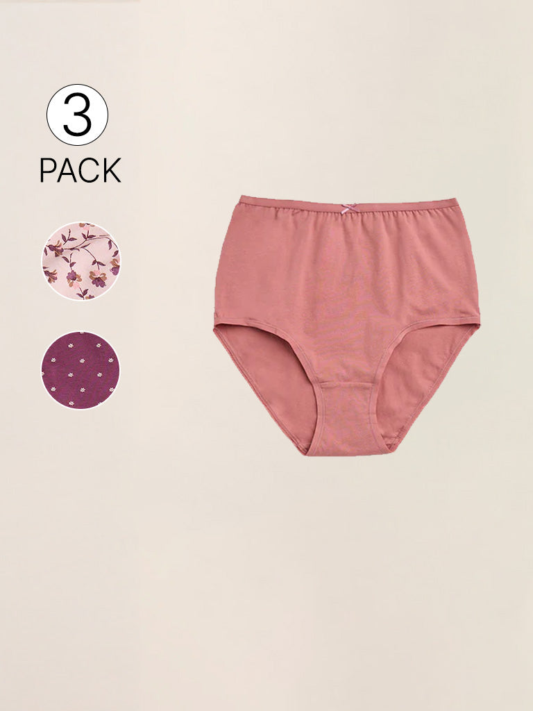 Wunderlove Pink Printed Cotton-Blend Briefs - Pack of 3