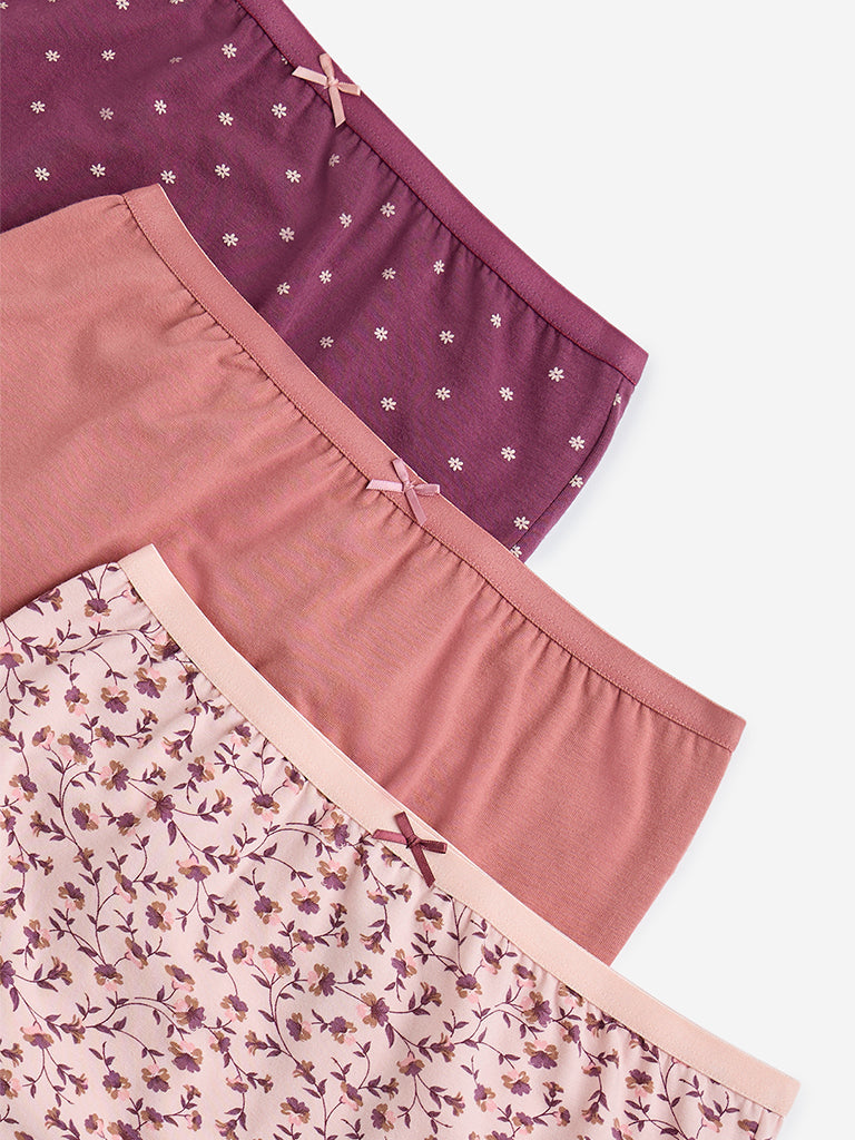 Wunderlove Pink Printed Cotton-Blend Briefs - Pack of 3