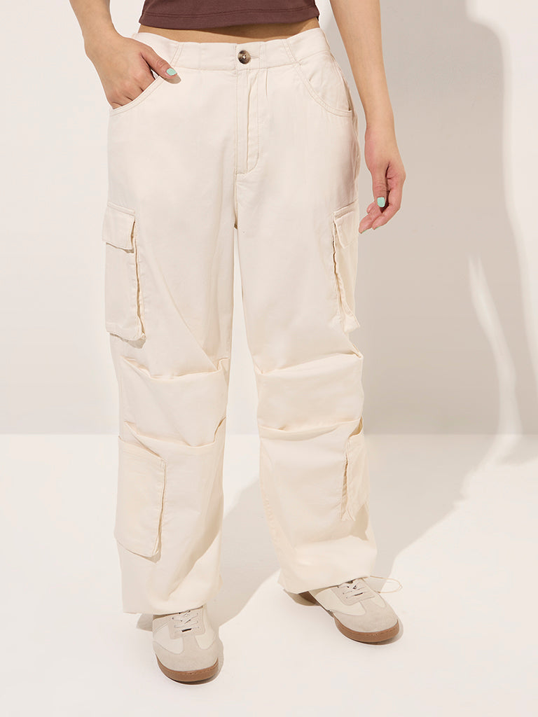 Westside Nuon Women's Off-White Cargo-Style High-Rise Cotton-Blend Trousers for Casual Wear Casual Wear Full View