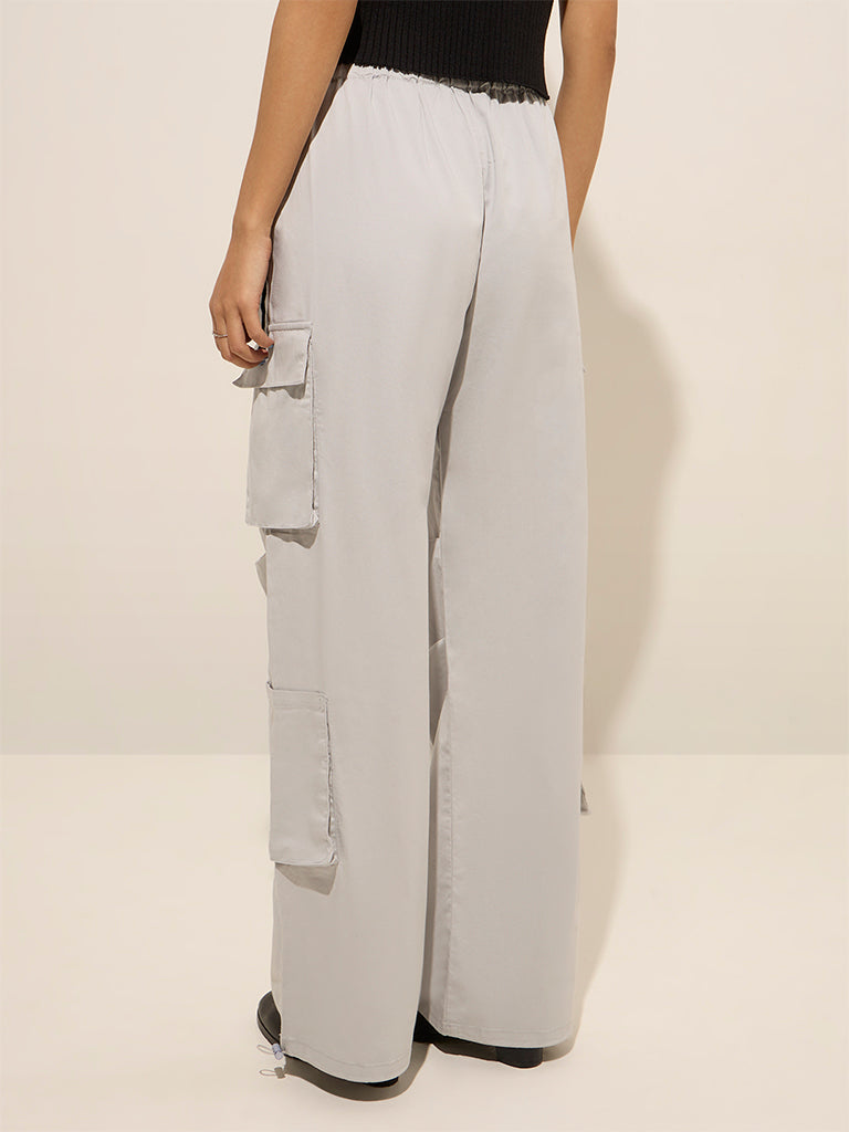 Westside Nuon Women's Grey High-Rise Cotton Pants for Casual Wear Casual Wear Back View