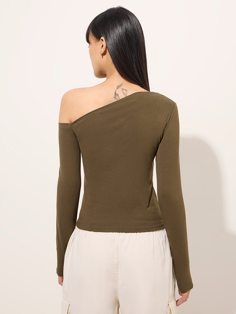 Westside Nuon Women's Olive One-Shoulder Cotton-Blend Top for Casual Wear Casual Wear Back View