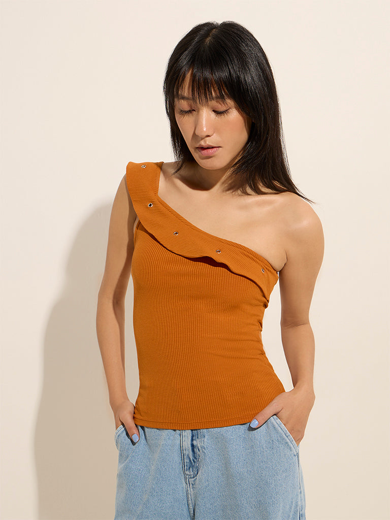 Westside Nuon Women's Orange Ruffled One-Shoulder Top for Casual Wear Casual Wear Front View