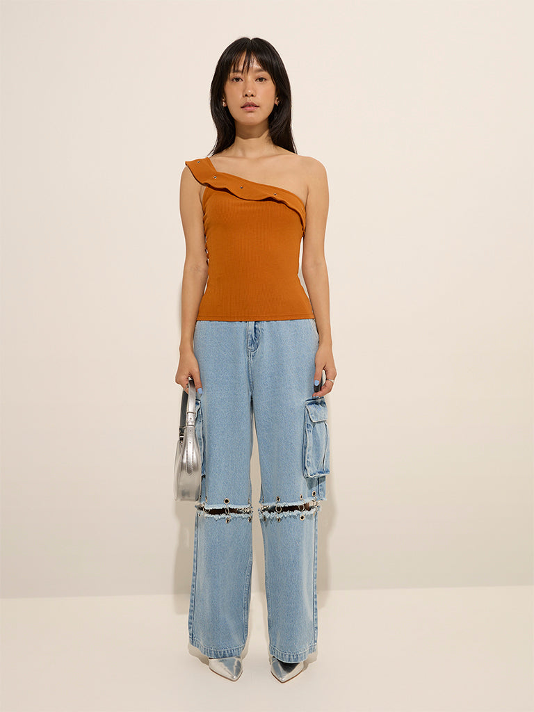 Westside Nuon Women's Orange Ruffled One-Shoulder Top for Casual Wear Casual Wear Full View