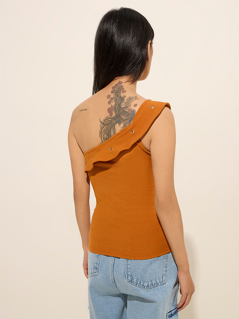 Westside Nuon Women's Orange Ruffled One-Shoulder Top for Casual Wear Casual Wear Back View