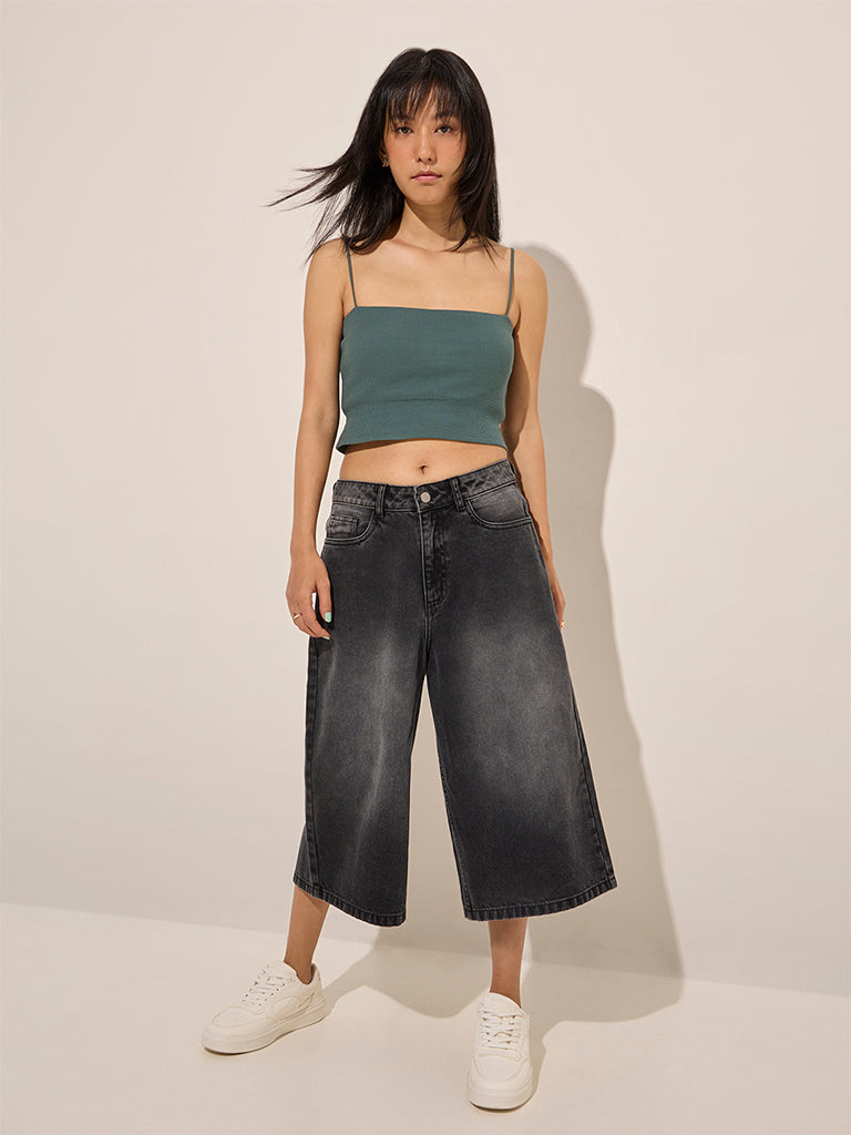 Westside Nuon Women's Teal Ribbed Textured Cotton-Blend Top for Casual Wear Casual Wear Full View