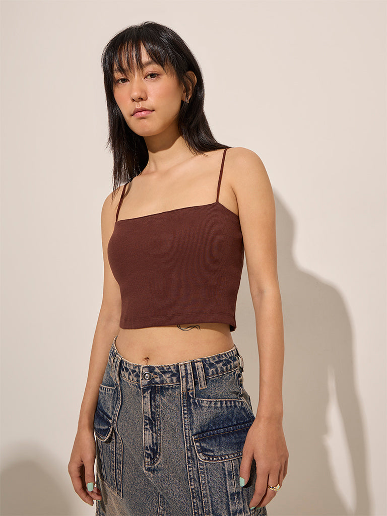Nuon Dark Brown Ribbed Textured Cotton-Blend Top