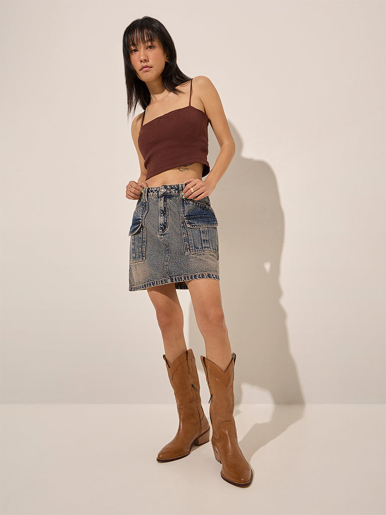 Nuon Dark Brown Ribbed Textured Cotton-Blend Top