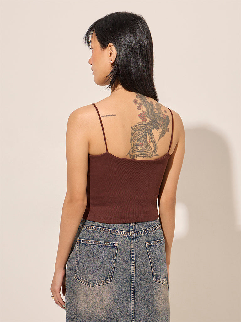 Nuon Dark Brown Ribbed Textured Cotton-Blend Top