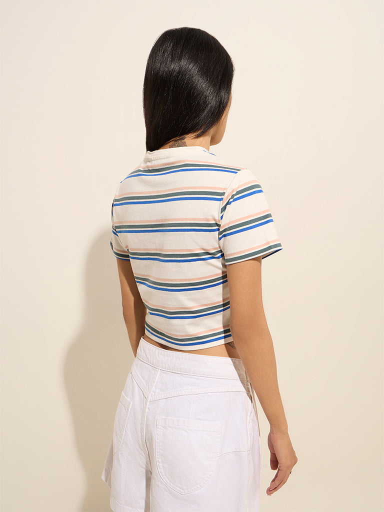 Westside Nuon Women's White Striped Cotton-Blend T-Shirt for Casual Wear Casual Wear Back View
