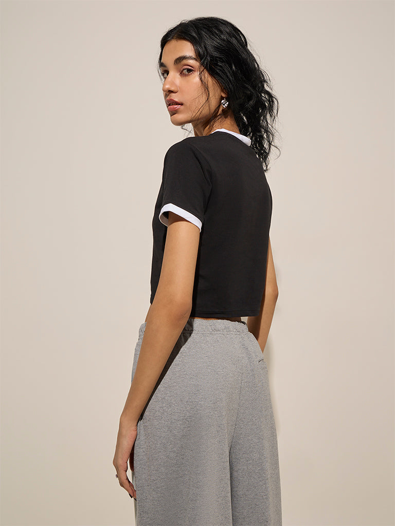 Westside Nuon Women's Black Text Printed Cotton-Blend Crop T-Shirt for Casual Wear Casual Wear Back View