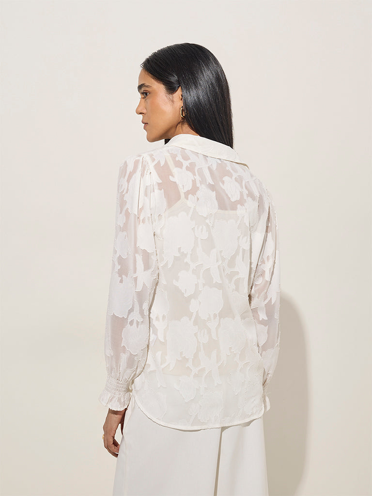Westside Wardrobe Women's White Floral Design Mesh Shirt With Camisole for Work Wear Back View