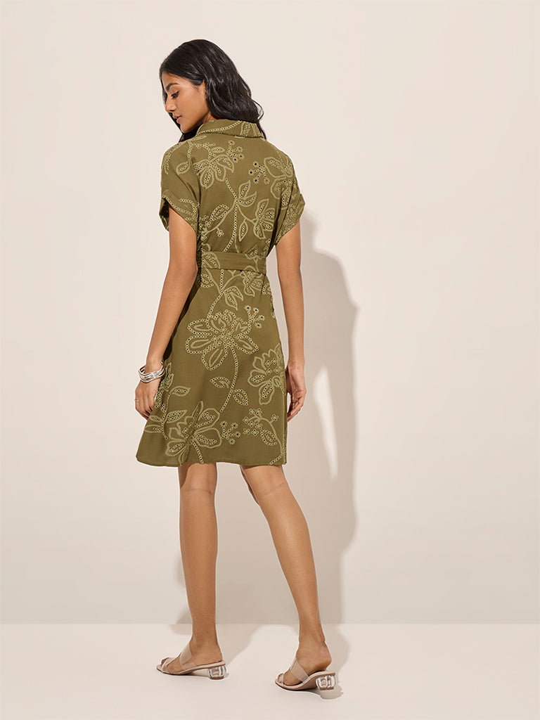 Westside LOV Women's Olive Floral A-Line Dress with Belt for Casual Wear Back View