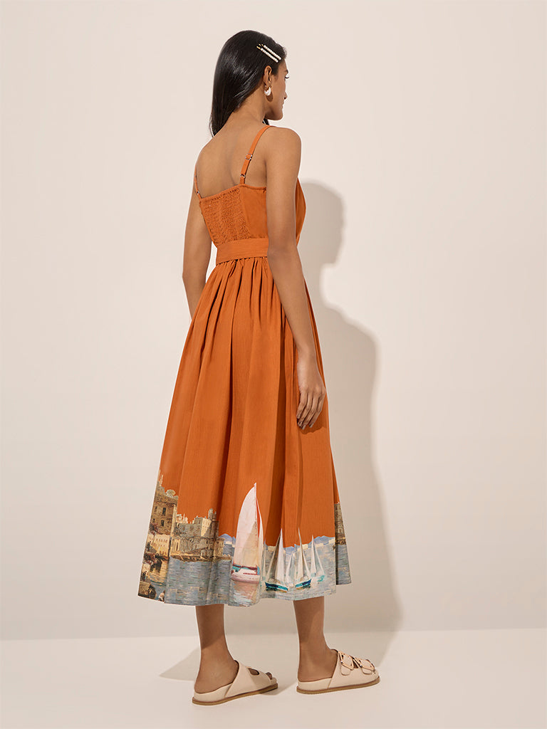 Westside LOV Women's Orange Sail-Themed A-Line Dress with Belt for Casual Wear Back View