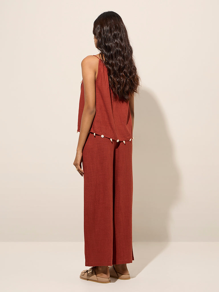 Westside LOV Women's Rust High-Rise Linen-Blend Trousers for Casual Wear Casual Wear Back View