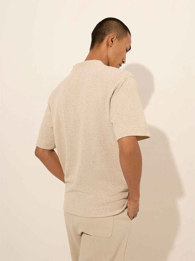 Westside Studiofit Men's Beige Self-Textured Relaxed-Fit T-Shirt for Sports Wear Back View