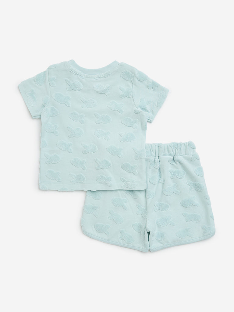 HOP Baby Blue Embroidered Cotton-Blend T-Shirt & Shorts Set