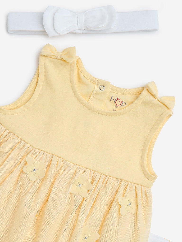 Westside HOP Baby Girl's Yellow Floral Cotton Dress, Pants and Headband Set for Casual Wear Zoomed View