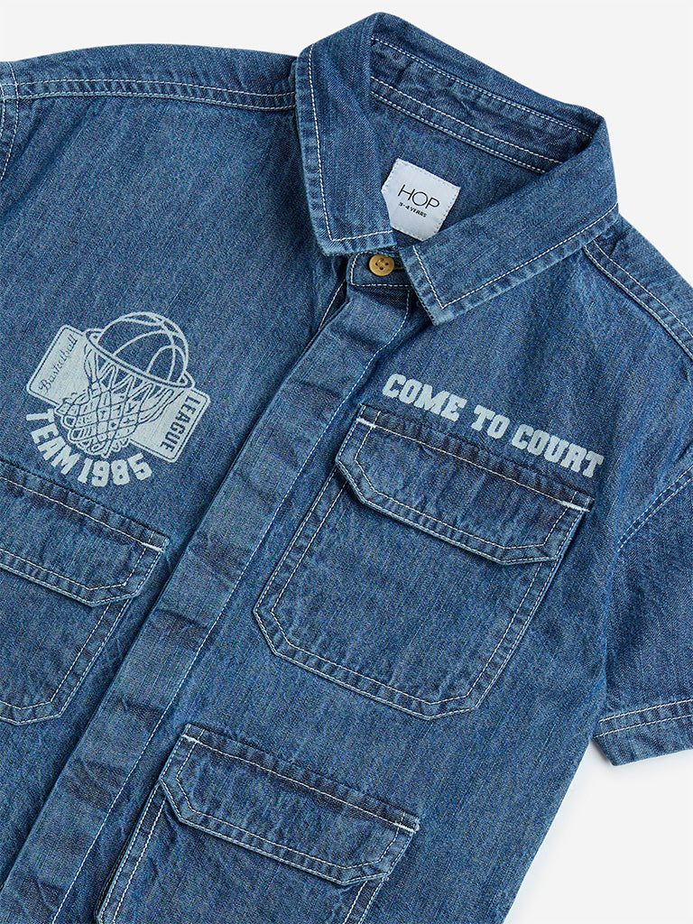 Westside HOP Kids Blue Typographic Denim Shirt for Casual Wear Zoomed View