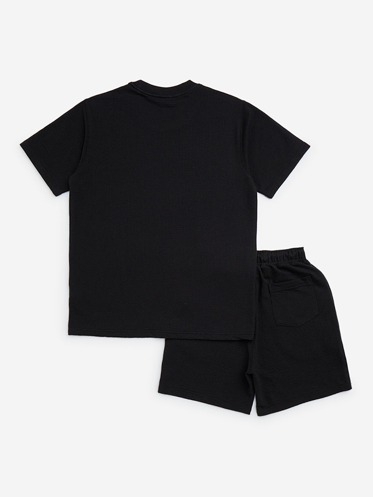 Y&F Kids Black Self-Textured Cotton-Blend T-Shirt with Shorts Set