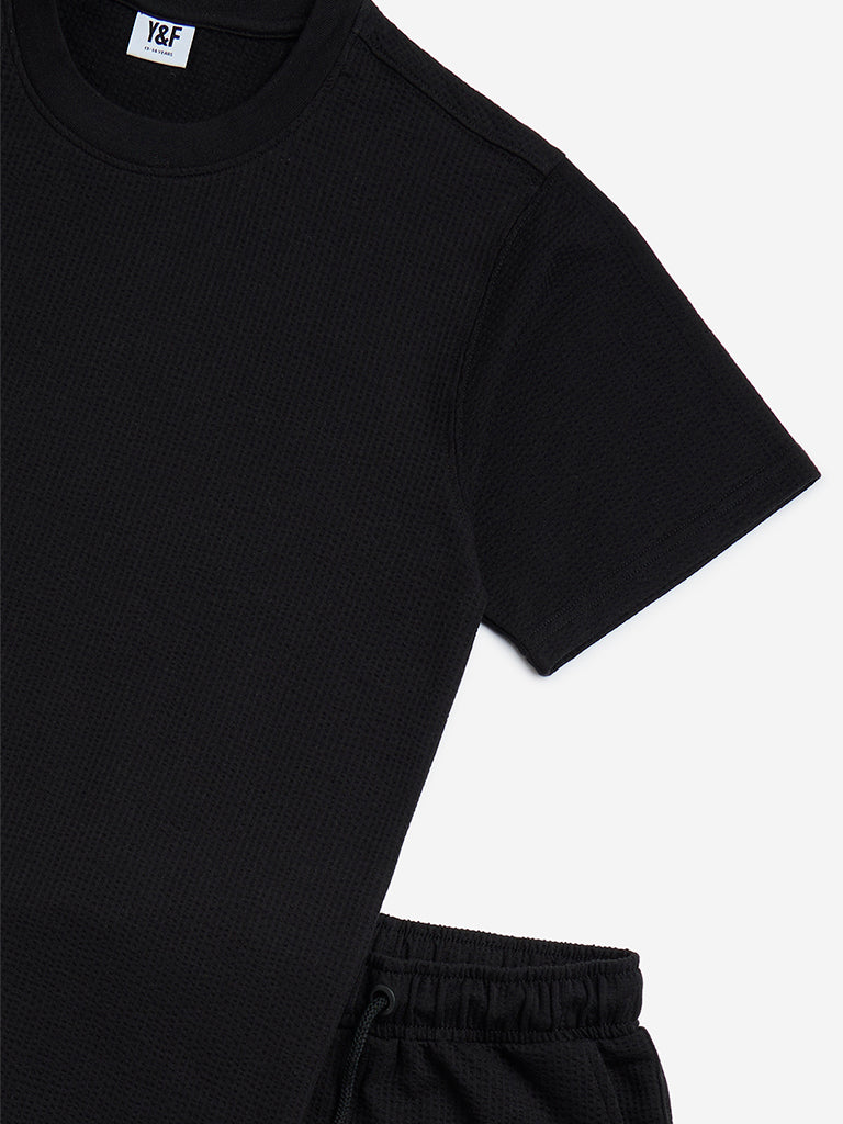 Y&F Kids Black Self-Textured Cotton-Blend T-Shirt with Shorts Set