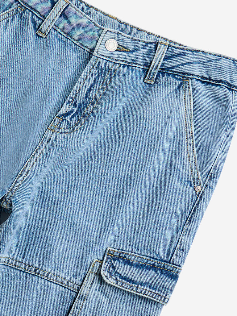 Westside Y&F Boy's Blue Cargo-Style Relaxed-Fit High-Rise Jeans for Casual Wear Zoomed View