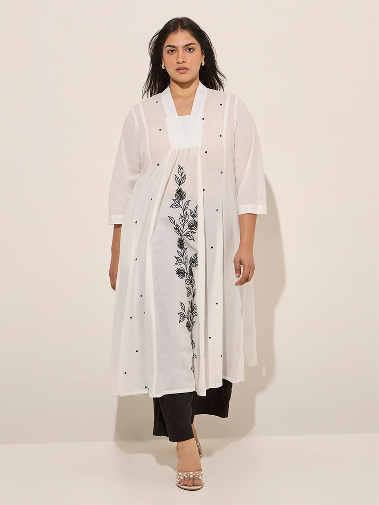 Diza White Floral Embroidered A-Line Cotton Kurta