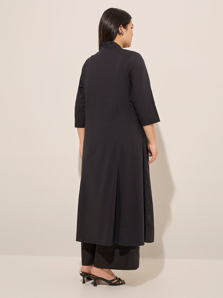 Westside Diza Women's Black Floral Embroidered Cotton A-Line Kurta for Work Wear Back View