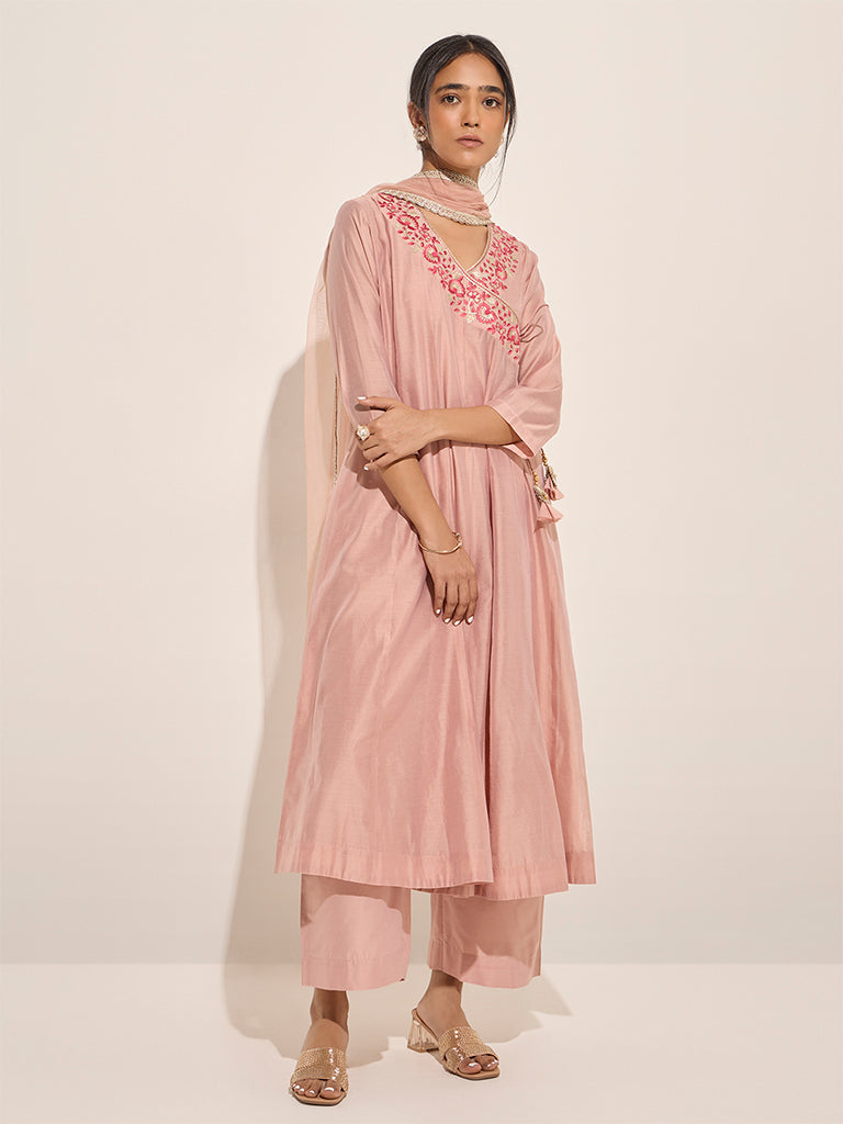 Westside Vark Women's Peach Floral Embroidered Anarkali Kurta, Inner, Palazzos and Dupatta Set for Festive Wear Festive Wear Full view