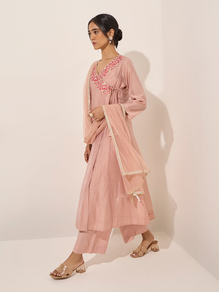 Westside Vark Women's Peach Floral Embroidered Anarkali Kurta, Inner, Palazzos and Dupatta Set for Festive Wear Festive Wear Front View