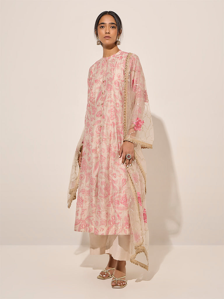 Buy Vark Pink Printed A-Line Kurta, Palazzos and Dupatta Set from