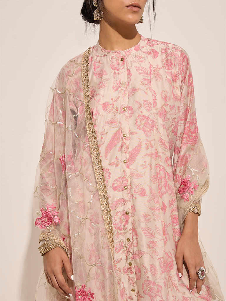 Westside Vark Women's Pink Printed A-Line Kurta, Palazzos and Dupatta Set for Festive Wear Festive Wear Zoomed View