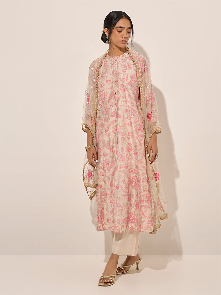 Westside Vark Women's Pink Printed A-Line Kurta, Palazzos and Dupatta Set for Festive Wear Festive Wear Front View