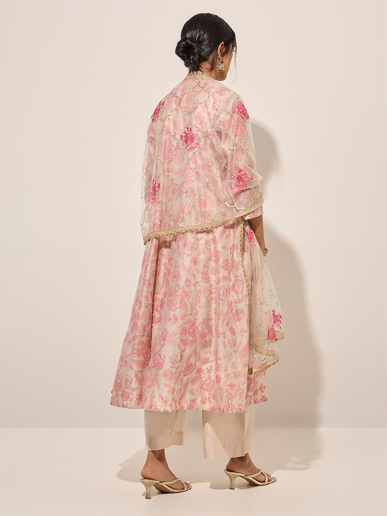 Westside Vark Women's Pink Printed A-Line Kurta, Palazzos and Dupatta Set for Festive Wear Festive Wear Back View
